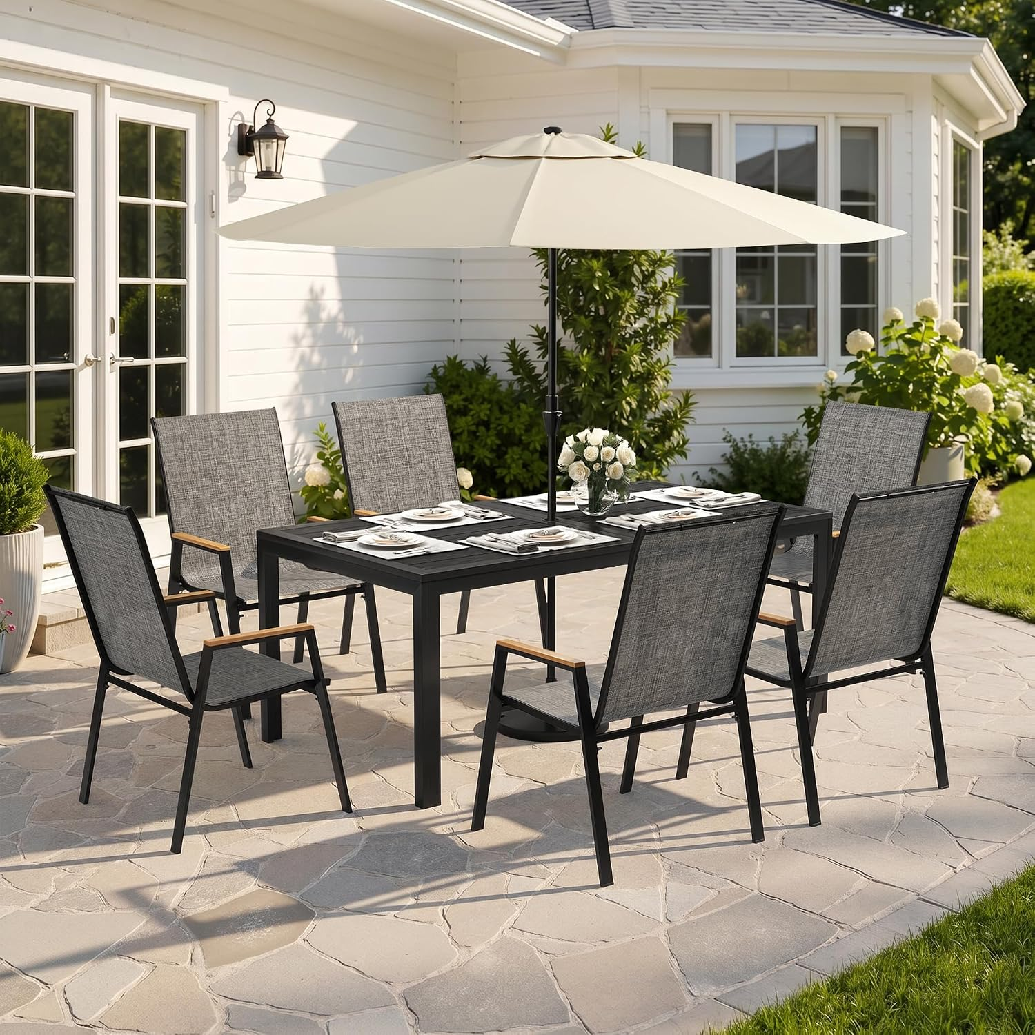 7-Piece Outdoor Patio Dining Set with 6 Textilene Chairs & Steel Table