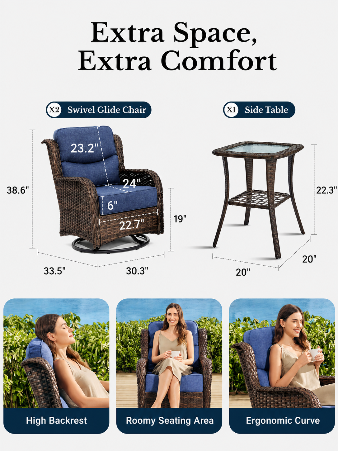 HUMMUH 3PCS Patio Swivel Glide Chairs