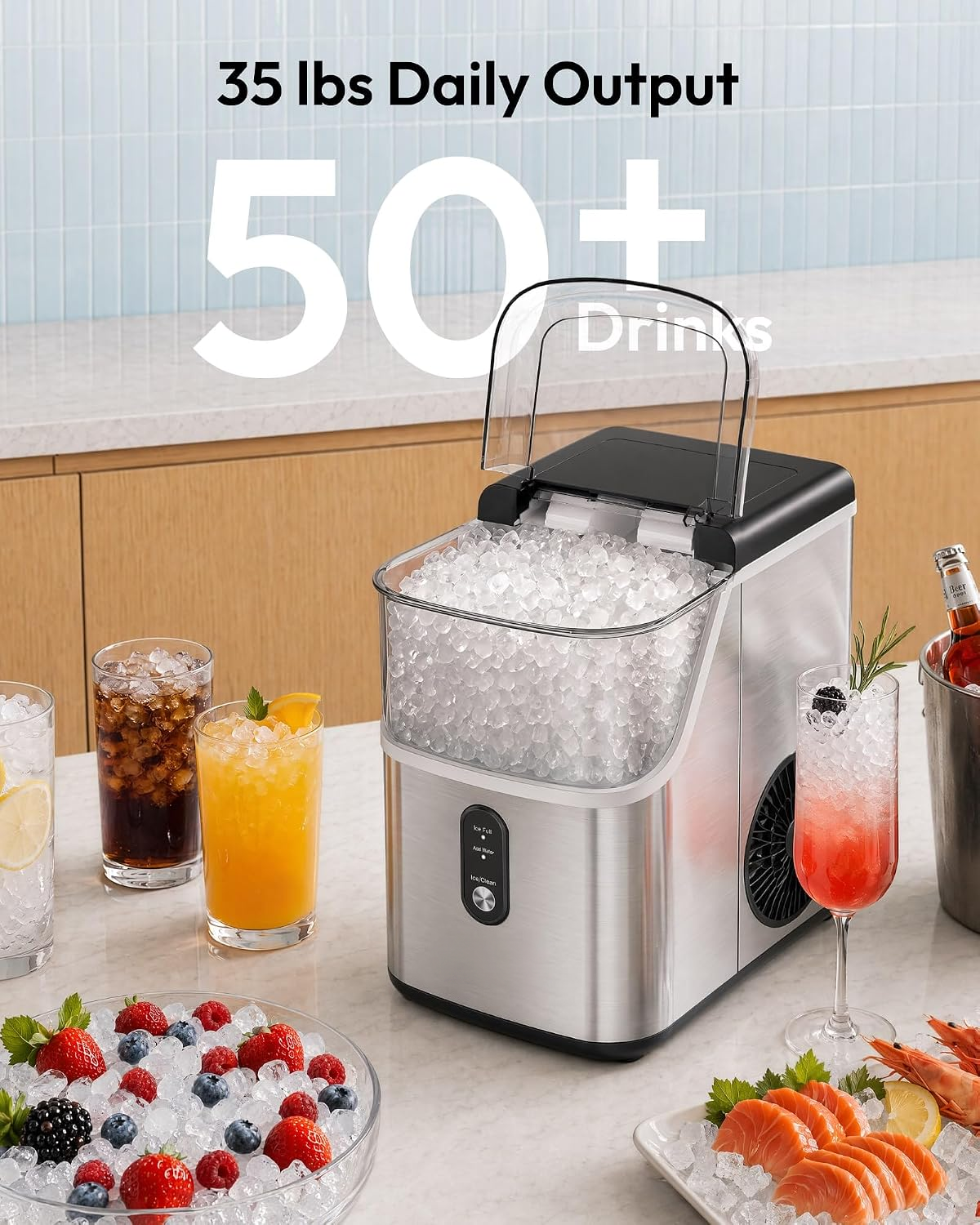 Nugget Ice Maker Countertop – Soft Chewable Ice in 7 Minutes, Self-Cleaning Portable Ice Machine for Home & Office