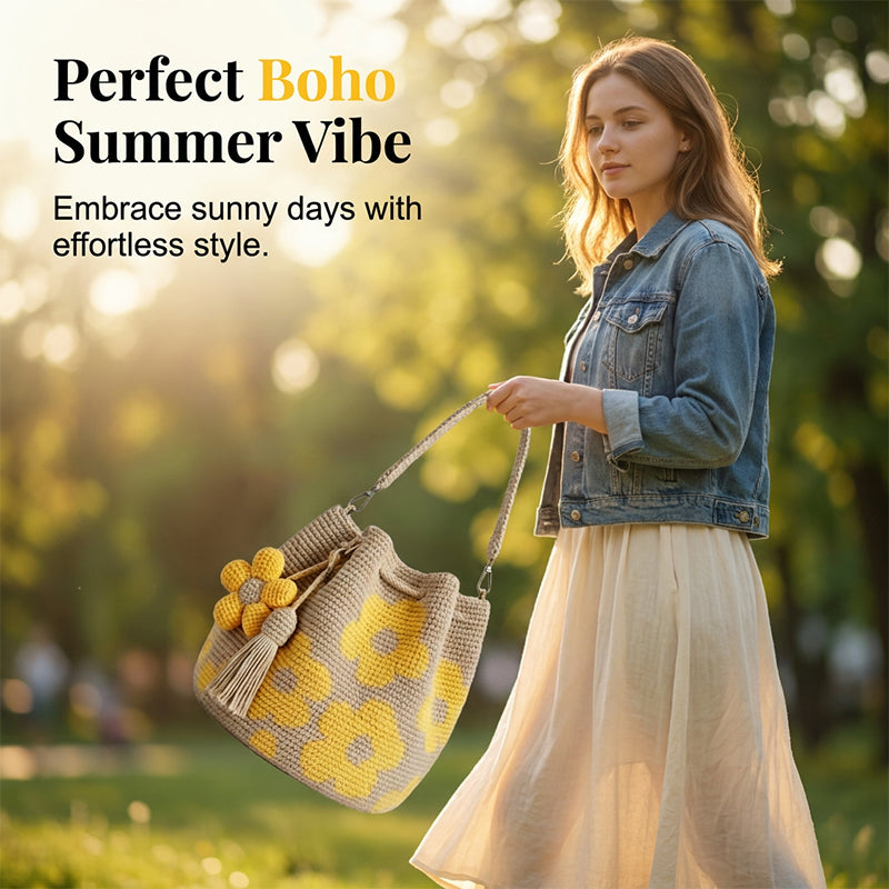 🌻 Handmade crochet bag with floral pattern – lightweight cotton blend, spacious & boho – perfect for summer & beach